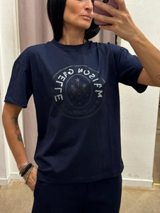 T-SHIRT BLU NOTTE MEZZA MANICA CON LOGO STRASS GAELLE